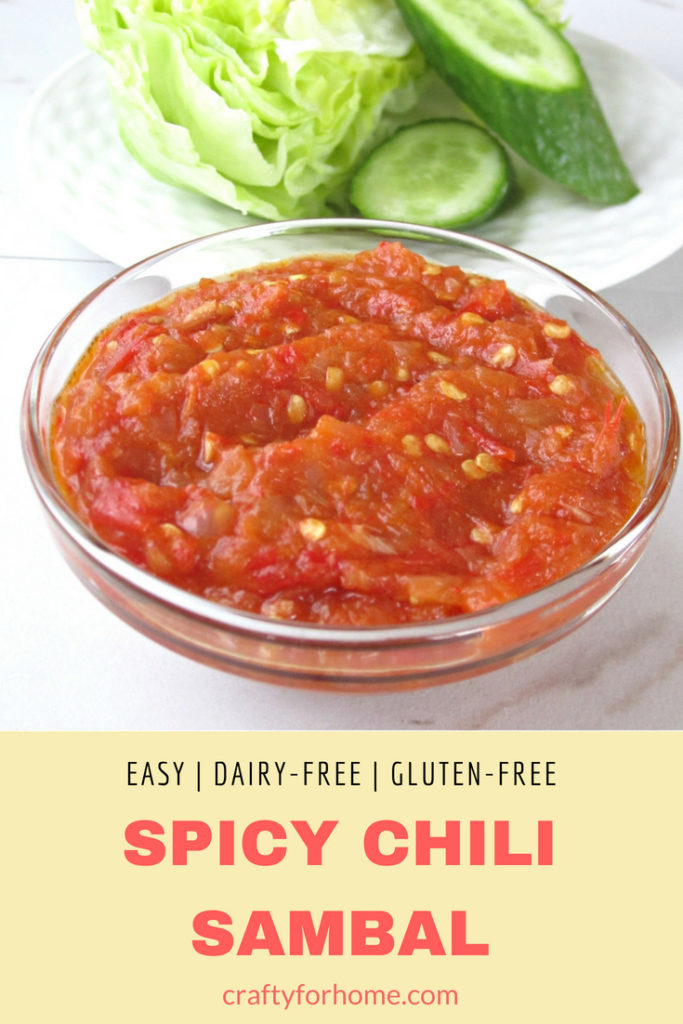 Easy Dairy-free, gluten-free chili sambal, homemade sambal oelek with all simple ingredients to serve it as condiment or dipping sauce #dairyfree #chilisauce #sambaloelek #condiment for full recipe on craftyforhome.com