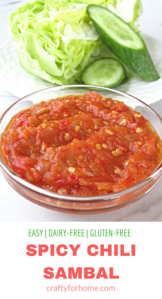 Easy Dairy-free, gluten-free chili sambal, homemade sambal oelek with all simple ingredients to serve it as condiment or dipping sauce #dairyfree #chilisauce #sambaloelek #condiment for full recipe on craftyforhome.com