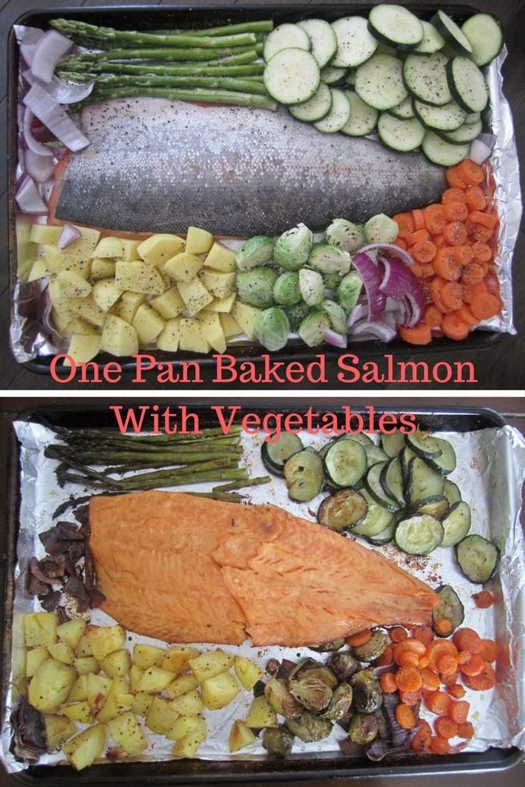 One pan Baked Salmon And Vegetables, a quick and easy salmon recipe, all ingredients in one pan #salmonrecipe #sheetpan #fishrecipes #mealprep for full recipe on craftyforhome.com