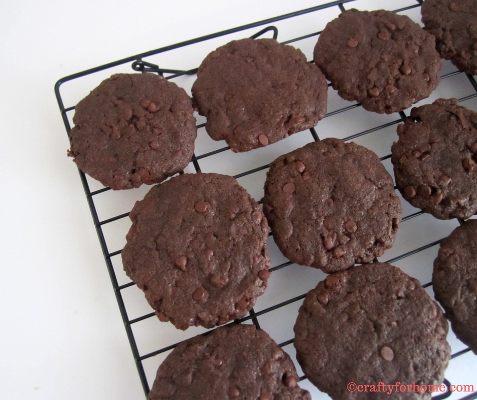 Double Mini Chocolate Chip Cookies, this dairy-free cookie is a family favorite, use the miniature chocolate chips to get the extra chocolate in every bite. #dairyfreecookies #chocolatechipcookies #doublechocolatecookies for full recipe on www.craftyforhome.com