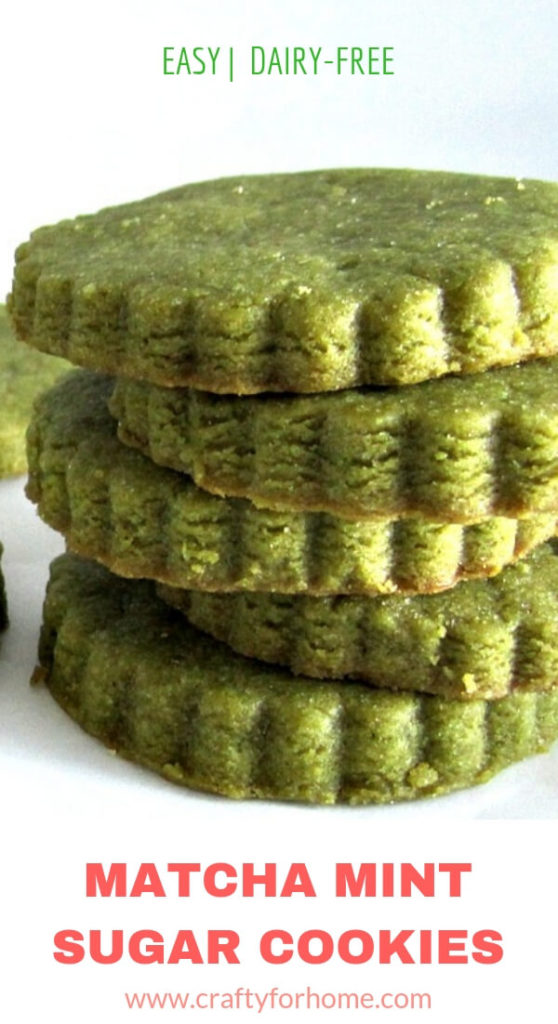 Matcha Mint Sugar Cookies | Add mint extract to this matcha cookies recipe for the best Christmas cookies or anytime you want sugar cookies as a sweet treat with natural food color. #matchacookies #christmascookies #sugarcookies #sugarcookieswithoutfoodcolor #mintcookies #dairyfreesugarcookies for full recipe on www.craftyforhome.com