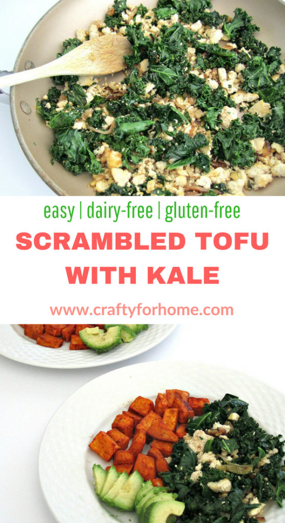 Scrambled Tofu With Kale. Tofu scrambled recipe for a quick, easy, healthy breakfast meals ideas or any time during busy weekdays. #dairyfree #glutenfree #cleaneating for full recipe on www.craftyforhome.com