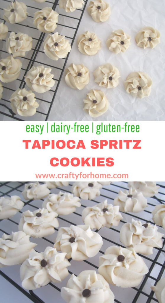 Tapioca Spritz Cookies | Easy to make gluten-free and dairy-free spritz cookies recipe that melts in your mouth on every bite, a perfect addition for your holiday cookie swap party. #easyspritzcookies #oldfashionspritzcookies #glutenfreespritzcookies #dairyfreespritzcookies #christmascookies #glutenfreechristmascookies for full recipe on www.craftyforhome.com