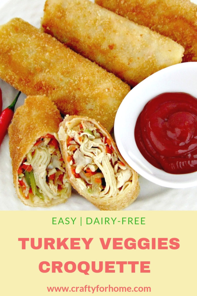 Turkey Veggies Croquette | Easy dairy-free Turkey Veggies Croquette recipe by using leftover turkey and veggies filling for meal prep and suitable for a freezer meal. #mealprep #turkeycroquettes #leftoverturkeyrecipes #freezermeal for full recipe on www.craftyforhome.com