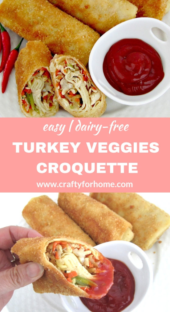 Turkey Veggies Croquette | Easy dairy-free Turkey Veggies Croquette recipe by using leftover turkey and veggies filling for meal prep and suitable for a freezer meal. #mealprep #turkeycroquettes #leftoverturkeyrecipes #freezermeal for full recipe on www.craftyforhome.com