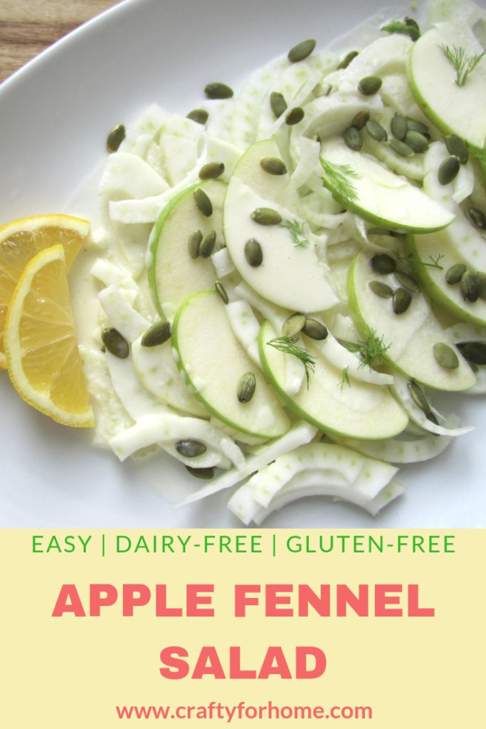 Apple Fennel Salad | This salad is fresh and comforting. If you like fennel, you will know that licorice taste is refreshing. #dairyfree #nutfree #applefennelsalad for full recipe on www.craftyforhome.com.
