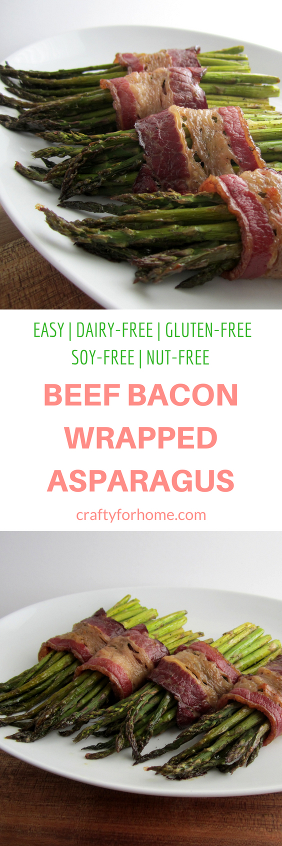 Quick and easy beef bacon wrapped asparagus, cook it in the sheet pan for an easy cleaning #dairyfree #easyrecipes #sheetpan #beefbacon #asparagusrecipes for full recipe on craftyforhome.com