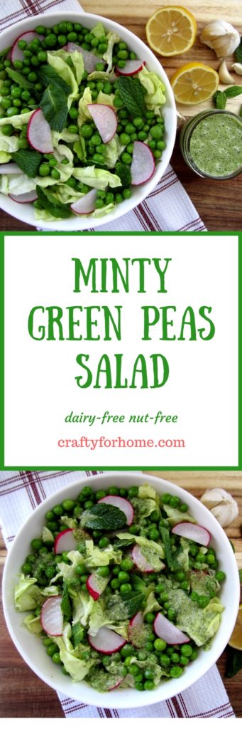 Minty Green Peas Salad, a refreshing salad that is an excellent choice for seasonal eating and clean eating ideas #greenpeassalad #seasonaleating #cleaneating #dairyfreesalad for full recipe on craftyforhome.com