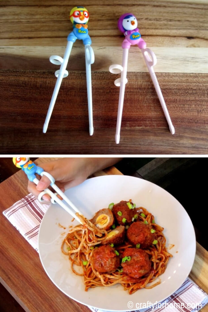 Quail Egg Stuffed Meatballs | Enjoying meatball pasta by using training chopstick | Crafty For Home