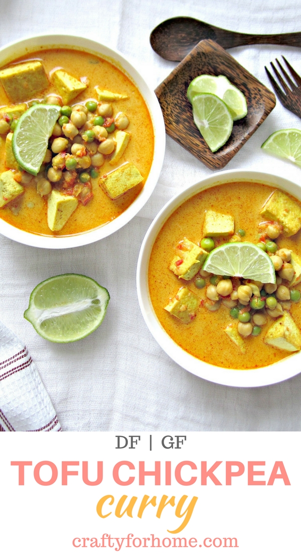 Quick and easy to cook Chickpea Tofu Curry Recipe for gluten free vegan meals ideas #glutenfree #dairyfreesoup #chickpearecipes #tofurecipes for full recipe on craftyforhome.com