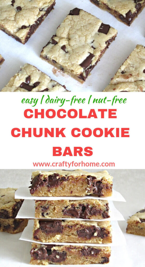 Chocolate Chunk Cookie Bars | Easy recipe for how to make chocolate chunk cookie bars. These cookie bars rich chunk of semi-sweet chocolate that has the perfect balance of sweet and quick baking cookie bars to feed the crowd. Soft, chewy, decadent, dairy-free, nut-free. #chocolatechunkcookies #dairyfreecookies #cookiebars #sheetpancookies #chocolatechipcookiebars #sheetpanblondies #dairyfreeblondies for full recipe on craftyforhome.com