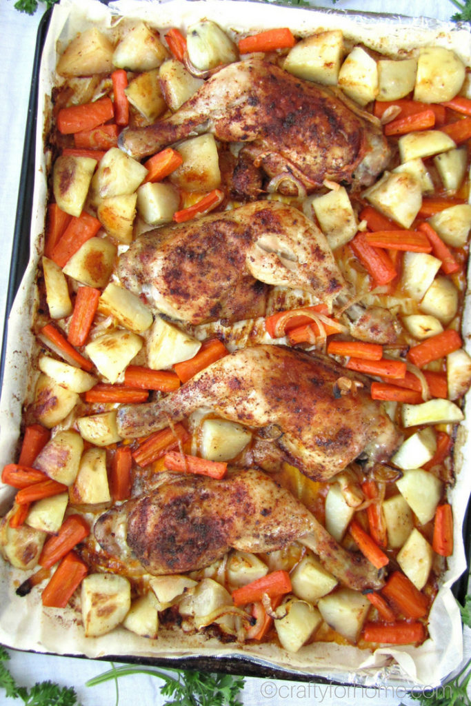 Healthy baked Sheet Pan Onion Chicken for a quick and easy weeknight meal with simple ingredients, tender and burst with flavor #sheetpan #glutenfree #chickendinner #bakedchicken for full recipe on craftyforhome.com