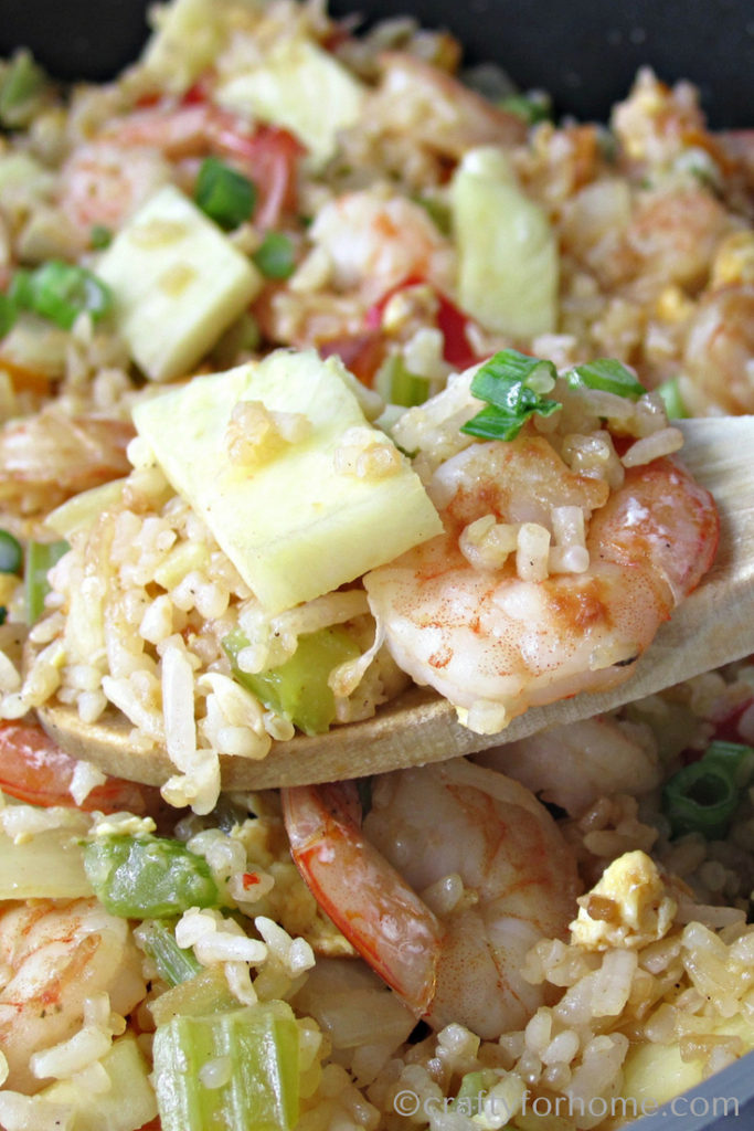 Easy Shrimp Pineapple Fried Rice recipe for dairy-free and gluten-free lunch ideas or meal prep ideas #dairyfree #glutenfree #mealprep #seafood for full recipe on craftyforhome.com