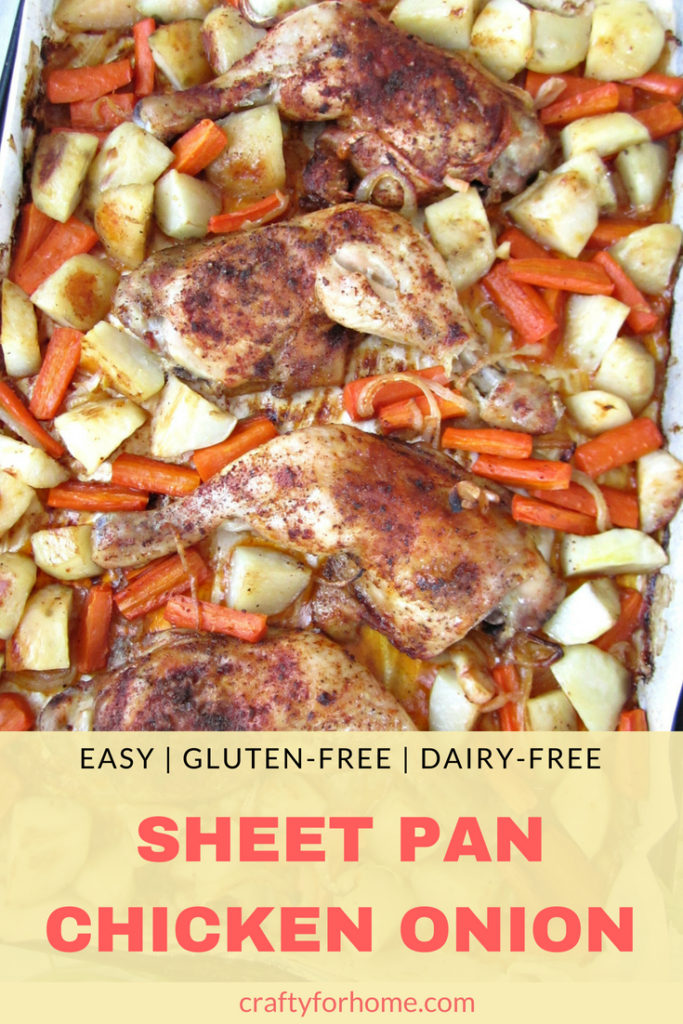 Healthy baked Sheet Pan Onion Chicken for a quick and easy weeknight meal with simple ingredients, tender and burst with flavor #sheetpan #glutenfree #chickendinner #bakedchicken for full recipe on craftyforhome.com