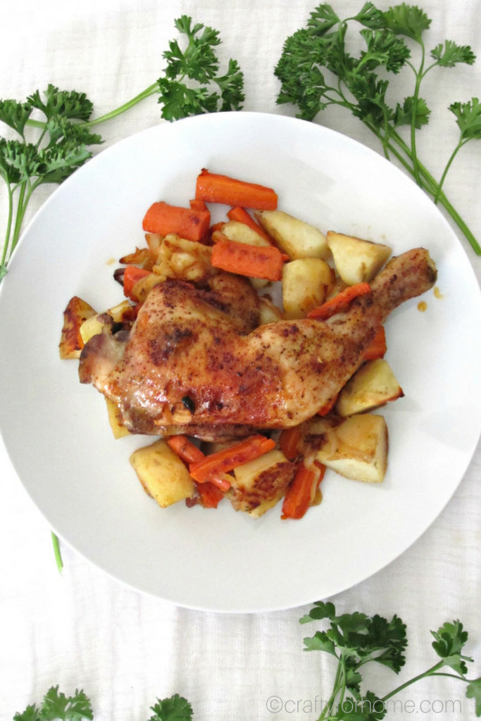 Healthy baked Sheet Pan Onion Chicken for a quick and easy weeknight meal with simple ingredients, tender and burst with flavor #sheetpan #glutenfree #chickendinner #bakedchicken for full recipe on craftyforhome.com