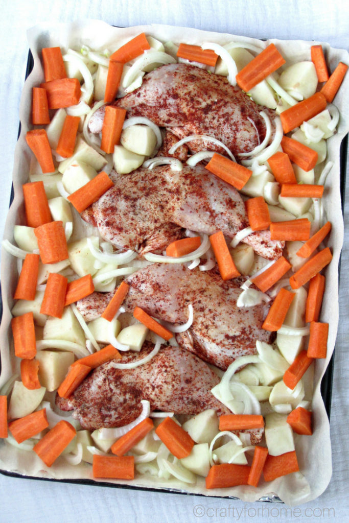 Healthy baked Sheet Pan Onion Chicken for a quick and easy weeknight meal with simple ingredients, tender and burst with flavor #sheetpan #glutenfree #chickendinner #bakedchicken for full recipe on craftyforhome.com