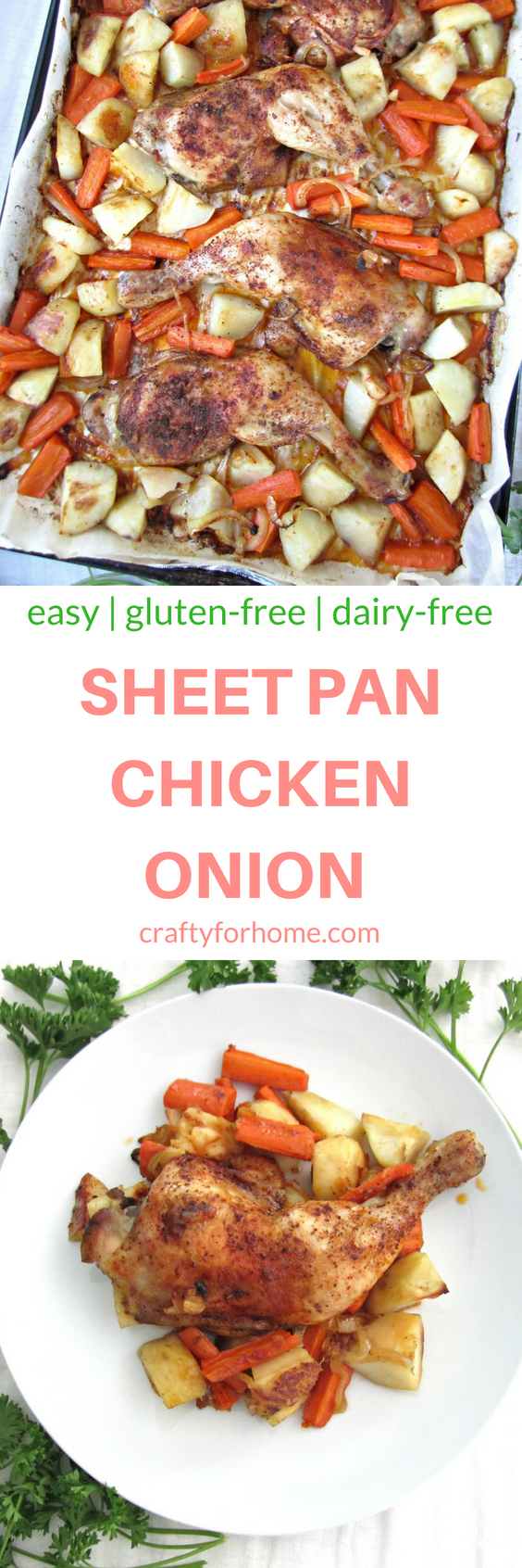 Healthy baked Sheet Pan Onion Chicken for a quick and easy weeknight meal with simple ingredients, tender and burst with flavor #sheetpan #glutenfree #chickendinner #bakedchicken for full recipe on craftyforhome.com