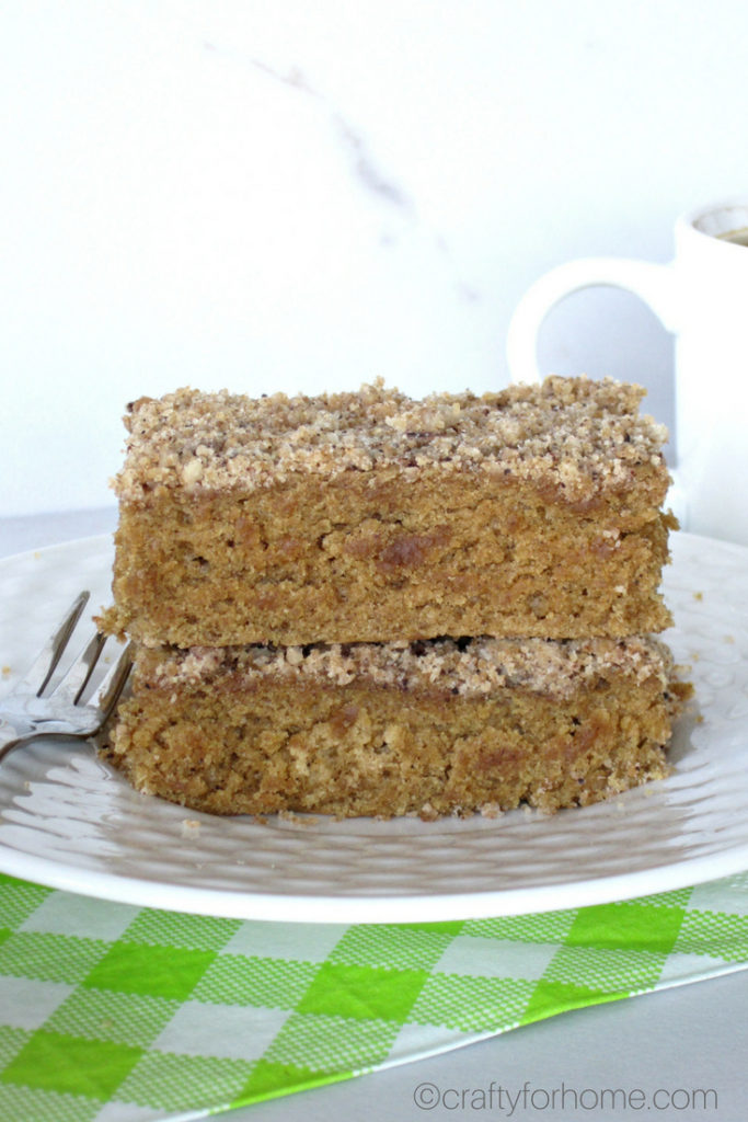 Easy dairy-free Coffee Flavored Sheet Cake recipe with brown sugar streusel topping for dessert, breakfast or enjoy it with a cup of coffee for afternoon snack #coffeecake #sheetcake #dairyfreecake for full recipe on craftyforhome.com