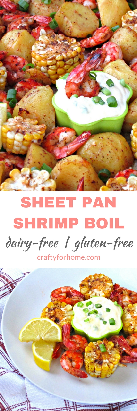 Healthy Sheet Pan Shrimp Boil Recipe, oven baked shrimp boil with homemade seasoning mix perfect for the crowd summer dinner party #shrimpboil #sheetpan #mealprep, recipe on craftyforhome.com 