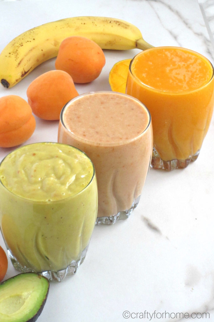 Quick, easy and healthy three different apricot smoothies recipes with only three ingredients you can make in the busy morning or anytime you want a fresh drink throughout the day. This smoothie is fresh #dairyfree #glutenfree #nutfree #vegan #apricotsmoothies. For full recipe on craftyforhome.com