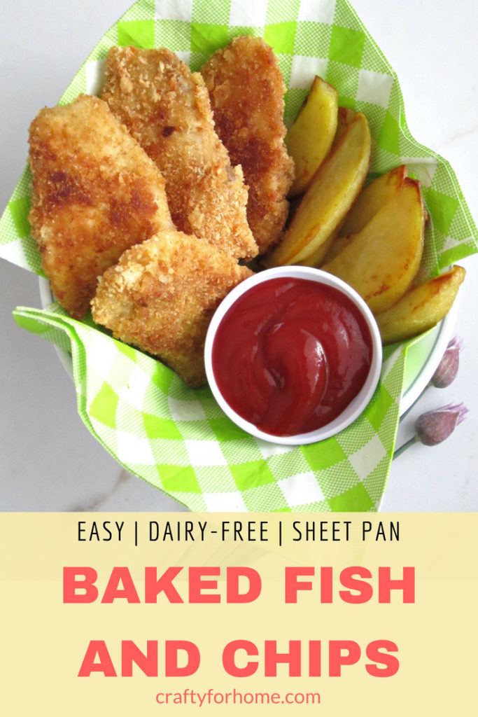 Oven baked fish and chips recipes on the sheet pan for an appetizer or finger foods ideas. Easy, kids friendly meal, dairy-free, healthy. For full recipe on craftyforhome.com