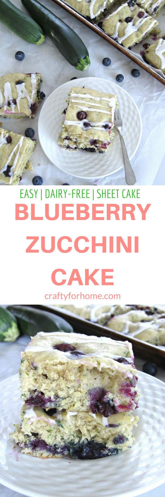 Easy dairy-free blueberry zucchini cake recipe with the lemon icing glaze. Bake it on the sheet pan to make cake bars. #dairyfree #sheetcake #zucchinicake #lemonicing for full recipe on craftyforhome.com