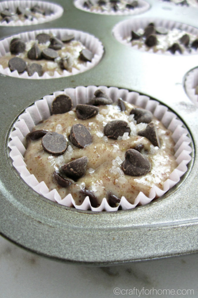 Easy chocolate chip muffins without egg. Use the milled flax seed to substitute the egg. #dairyfreemuffins #nutfreemuffins #flaxseedmuffins for full recipe on craftyforhome.com