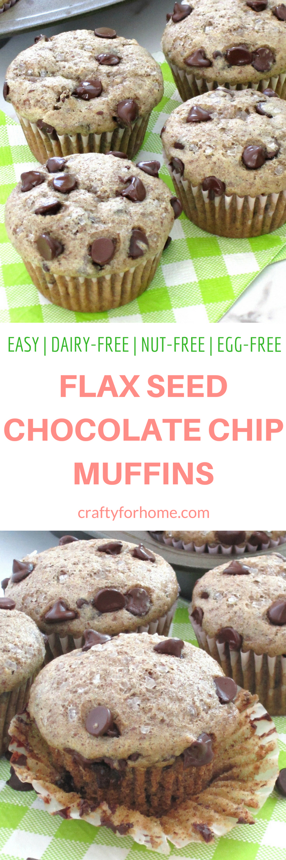Easy chocolate chip muffins without egg. Use the milled flax seed to substitute the egg. #dairyfreemuffins #nutfreemuffins #flaxseedmuffins for full recipe on craftyforhome.com
