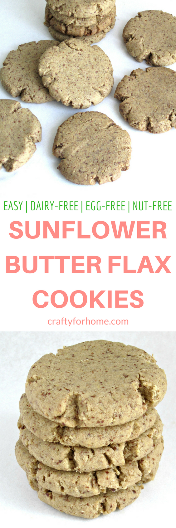 Easy and melt in your mouth flax cookies with only six ingredients. Dairy-free, egg-free and nut-free. #dairyfree #eggfree #vegan #nutfree #sunflowerbuttercookies for full recipe on craftyforhome.com