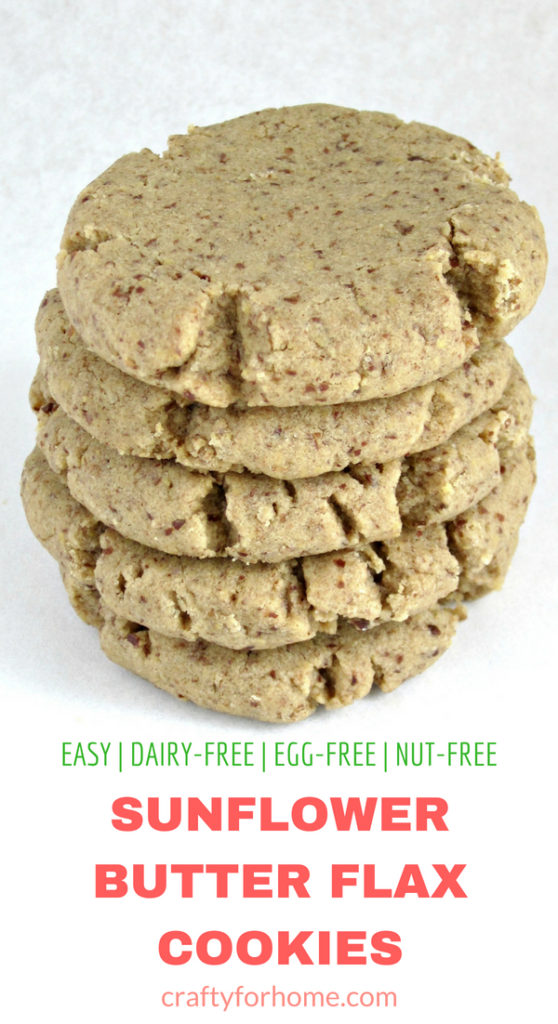 Easy and melt in your mouth flax cookies with only six ingredients. Dairy-free, egg-free and nut-free. #dairyfree #eggfree #vegan #nutfree #sunflowerbuttercookies for full recipe on craftyforhome.com