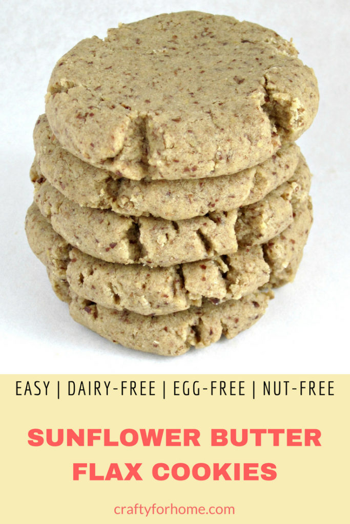 Easy and melt in your mouth flax cookies with only six ingredients. Dairy-free, egg-free and nut-free. #dairyfree #eggfree #vegan #nutfree #sunflowerbuttercookies for full recipe on craftyforhome.com
