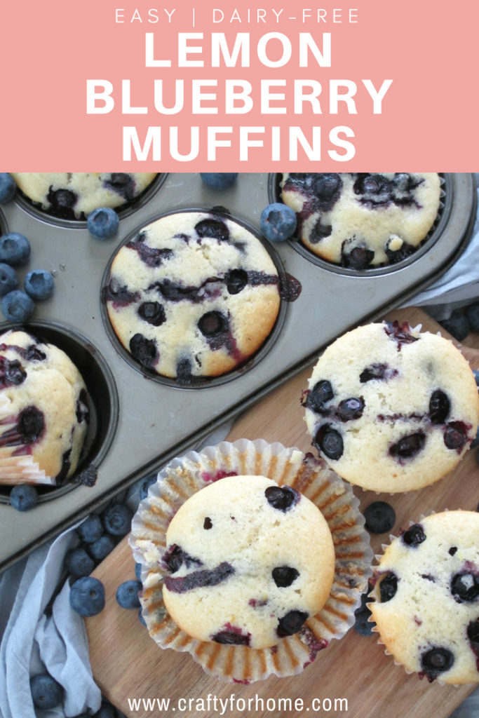 This is the best and moist dairy-free lemon blueberry muffins recipe that easy to make, perfect for breakfast, lunch box or snack times. #dairy-free #dairyfreemuffins #blueberrymuffins for full recipe on www.craftyforhome.com
