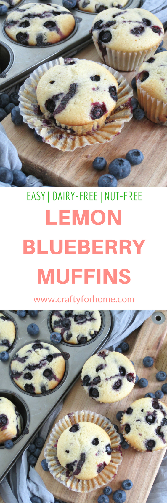 This is the best and moist dairy-free lemon blueberry muffins recipe that easy to make, perfect for breakfast, lunch box or snack times. #dairy-free #dairyfreemuffins #blueberrymuffins for full recipe on www.craftyforhome.com