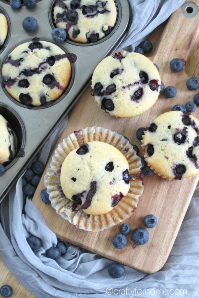 This is the best and moist dairy-free lemon blueberry muffins recipe that easy to make, perfect for breakfast, lunch box or snack times. #dairy-free #dairyfreemuffins #blueberrymuffins for full recipe on www.craftyforhome.com