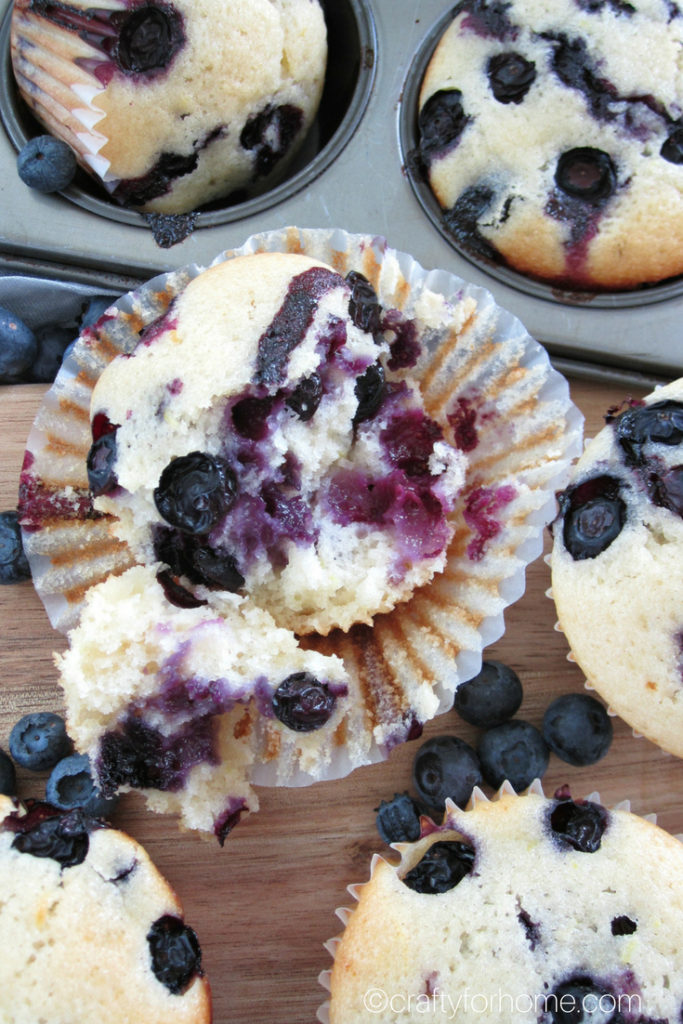 This is the best and moist dairy-free lemon blueberry muffins recipe that easy to make, perfect for breakfast, lunch box or snack times. #dairy-free #dairyfreemuffins #blueberrymuffins for full recipe on www.craftyforhome.com