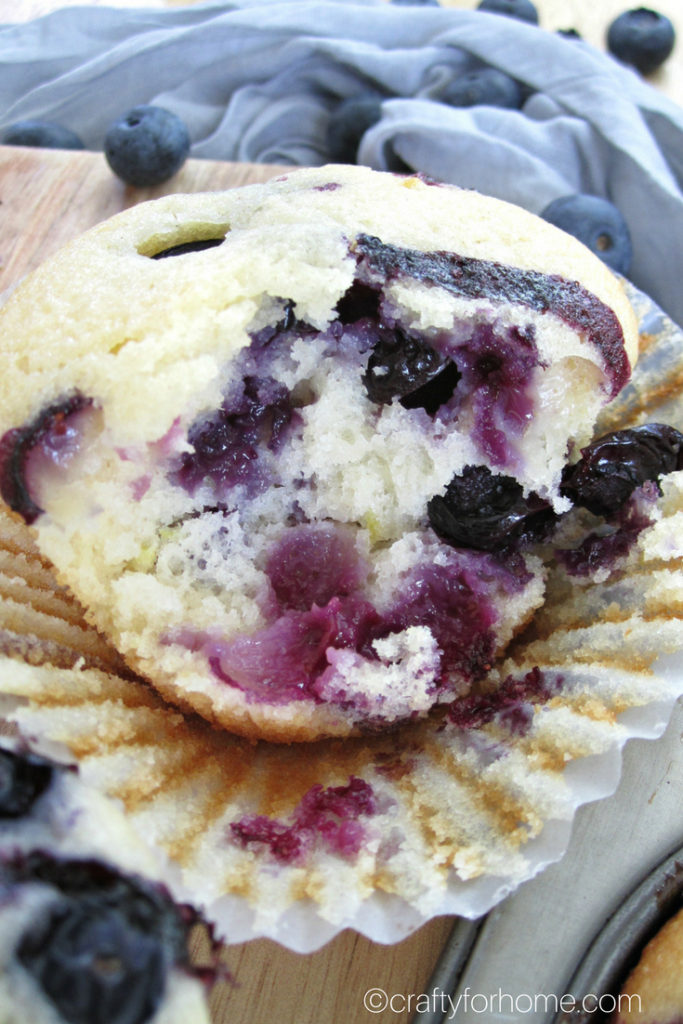 This is the best and moist dairy-free lemon blueberry muffins recipe that easy to make, perfect for breakfast, lunch box or snack times. #dairy-free #dairyfreemuffins #blueberrymuffins for full recipe on www.craftyforhome.com