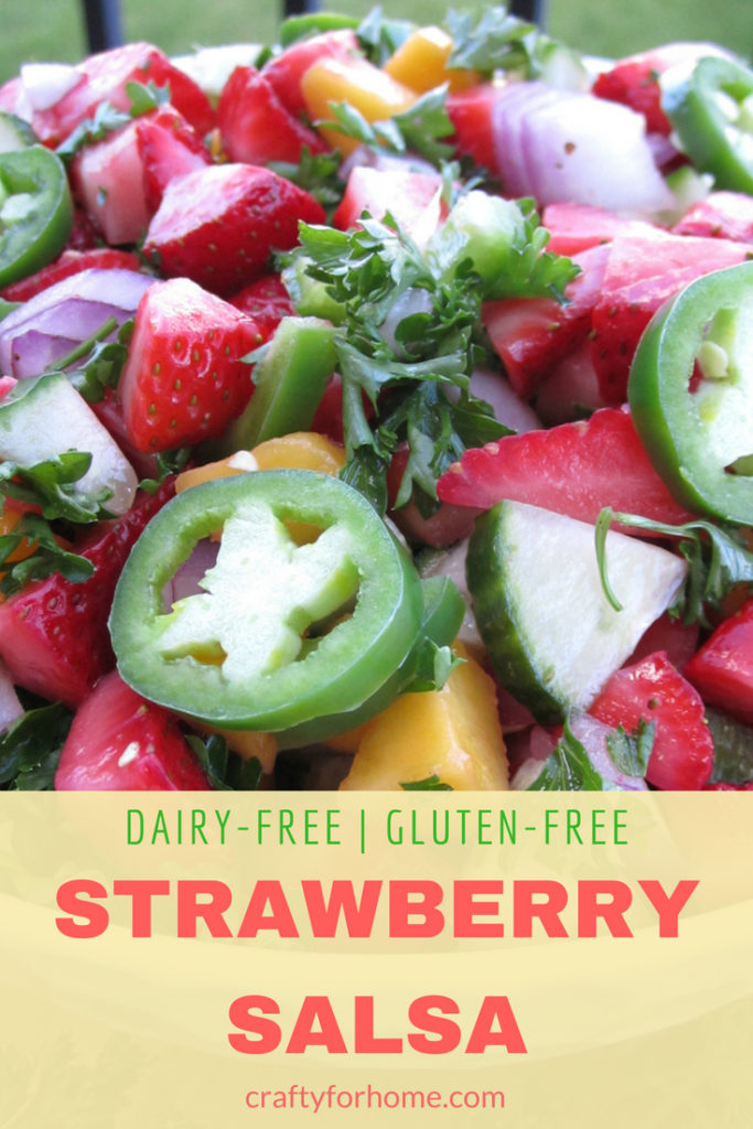 Strawberry Salsa | This strawberry salsa is easy, quick and fresh to serve for any summer party. Serve it on its own or a side dish for grilling season. #dairyfree #glutenfree #veganrecipes #strawberrysalsa for full recipe on craftyforhome.com
