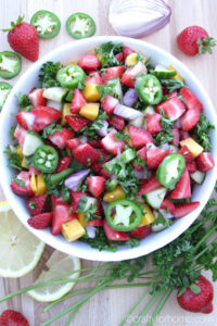 This strawberry salsa is easy, quick and fresh to serve for any summer party. Serve it on its own or a side dish for grilling season. #dairyfree #glutenfree #veganrecipes #strawberrysalsa for full recipe on craftyforhome.com