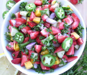 This strawberry salsa is easy, quick and fresh to serve for any summer party. Serve it on its own or a side dish for grilling season. Dairy-free, gluten-free.
