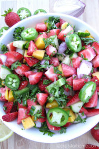 This strawberry salsa is easy, quick and fresh to serve for any summer party. Serve it on its own or a side dish for grilling season. #dairyfree #glutenfree #veganrecipes #strawberrysalsa for full recipe on craftyforhome.com