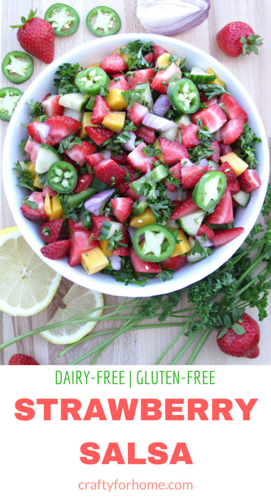 Strawberry Salsa | This strawberry salsa is easy, quick and fresh to serve for any summer party. Serve it on its own or a side dish for grilling season. #dairyfree #glutenfree #veganrecipes #strawberrysalsa for full recipe on craftyforhome.com