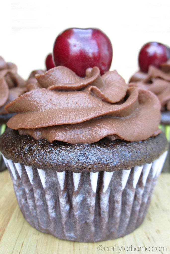 One bowl dairy-free chocolate wacky cupcake with easy sweet potato frosting. The cake is made without egg and dairy. It is moist and delicious dark chocolate cake. Dairy-free, egg-free, nut-free. #wackycake #sweetpotatofrosting #dairyfreecupcake #egglesscupcake for full recipe on craftyforhome.com