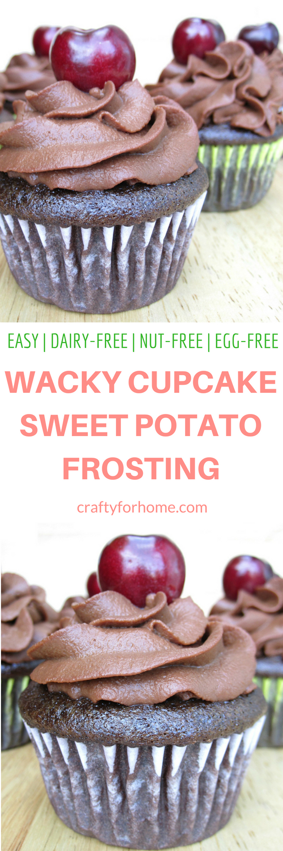 One bowl dairy-free chocolate wacky cupcake with easy sweet potato frosting. The cake is made without egg and dairy. It is moist and delicious dark chocolate cake. Dairy-free, egg-free, nut-free. #wackycake #sweetpotatofrosting #dairyfreecupcake #egglesscupcake for full recipe on craftyforhome.com