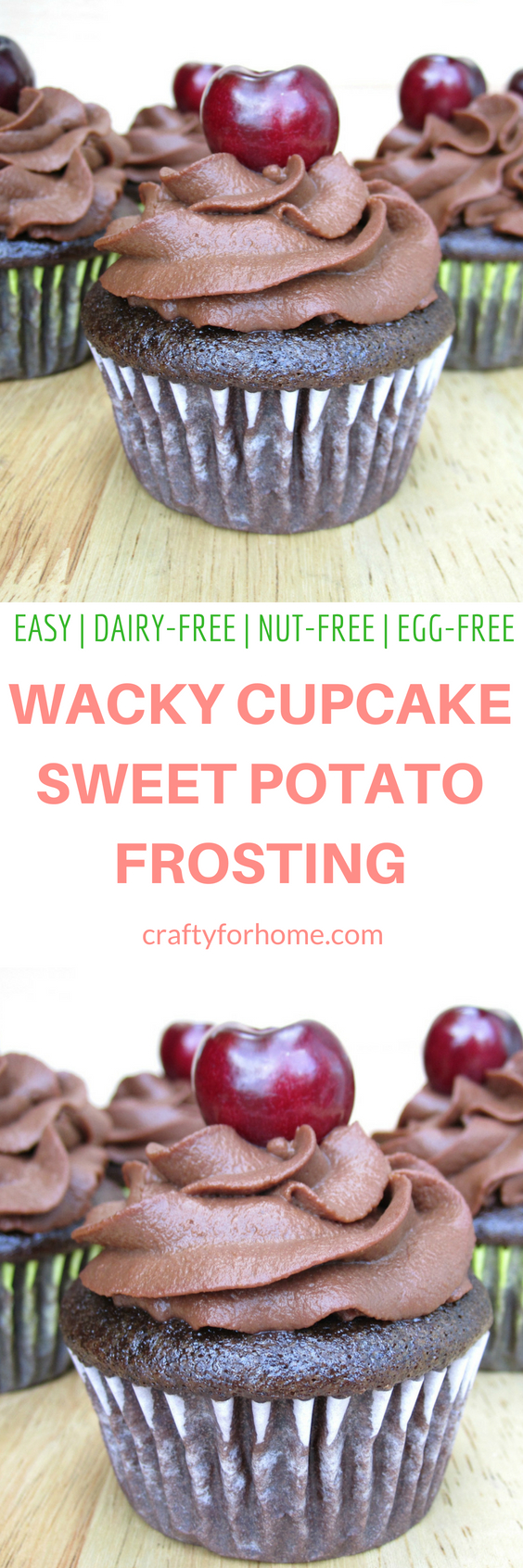 One bowl dairy-free chocolate wacky cupcake with easy sweet potato frosting. The cake is made without egg and dairy. It is moist and delicious dark chocolate cake. Dairy-free, egg-free, nut-free. #wackycake #sweetpotatofrosting #dairyfreecupcake #egglesscupcake for full recipe on craftyforhome.com