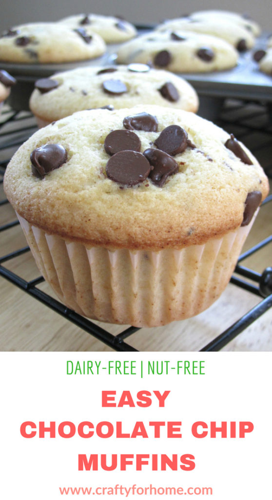 Easy Chocolate Chip Muffins, this chocolate chip muffin recipe is dairy-free, quick and easy without butter perfect for snack or breakfast. It is a soft muffin with the crusty on top. #chocolatechipmuffins #dairyfreemuffins #easychocolatechipmuffins #quickmuffins get the recipe on www.craftyforhome.com