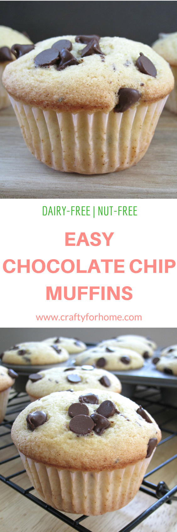 Easy Chocolate Chip Muffins, this chocolate chip muffin recipe is dairy-free, quick and easy without butter perfect for snack or breakfast. It is a soft muffin with the crusty on top. #chocolatechipmuffins #dairyfreemuffins #easychocolatechipmuffins #quickmuffins get the recipe on www.craftyforhome.com