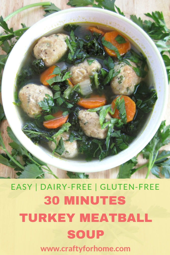 Turkey Meatball Soup. An easy and hearty soup recipe for weekday meals or anytime you want for a quick supper, perfect for fall or winter meal ideas. Dairy-free, gluten-free, grain-free, clean eating. #dairyfree #dairyfreesoup #cleaneating #turkeysoup #meatballsoup for full recipe on www.craftyforhome.com