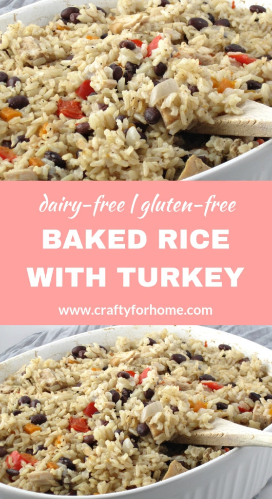 Baked Rice With Leftover Turkey | This leftover turkey recipe is easy to make, baked it together with brown rice and all simple ingredients from the pantry, perfect for a healthy, dairy-free and gluten-free meal for the whole family. #dairyfreecasserole #glutenfreeturkeyrecipe #leftoverturkeyrecipe #bakedrice #turkeyrecipe for full recipe on www.craftyforhome.com