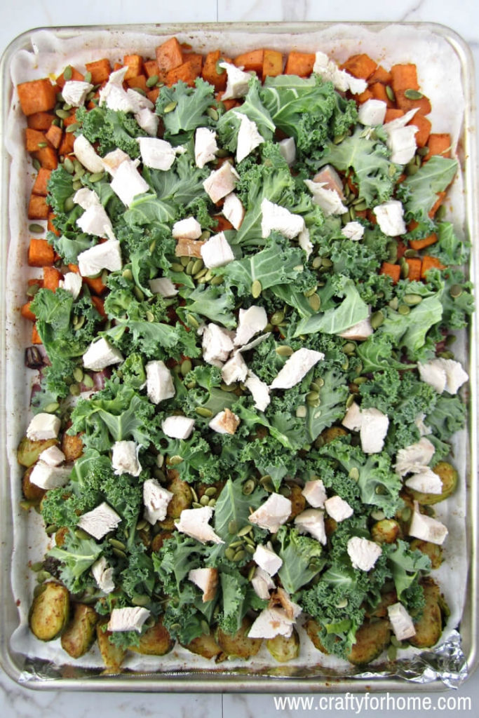 Kale and turkey meat on the pan