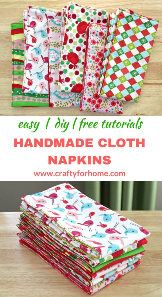 Handmade Cloth Napkins | Step by step tutorials on how to make double-sided cloth napkins for fat quarters project, perfect for DIY table decor on holiday season and fun homemade Christmas gift or any special occasion. #fatquartersproject #sewnapkins #reversiblenapkins #easyclothnapkins #DIYchristmasgift #10minutessewingproject #doublesidednapkins #homemadenapkins #handmadeclothnapkins for full tutorials on www.craftyforhome.com